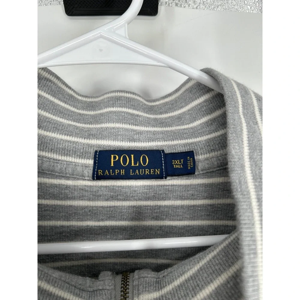 Polo Ralph Lauren Sweater‎ Mens 3XL Tall 3XLT Grey White Striped Quarter 1/4 Zip